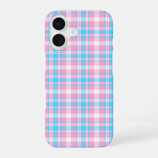Light Blue, Pink, and White Plaid Pattern iPhone 16 Case (Back)