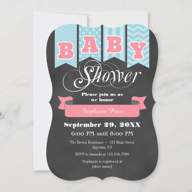 Light Blue Pink Chalkboard Flag Baby Shower Invite (Front)