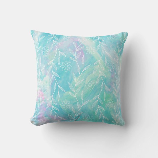 Light Blue Pink Flowers Leaves Botanical Foliage Cushion (Front)
