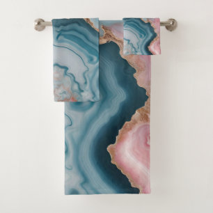 Light Blue Pink Gold Agate Marble Modern design  Bath Towel Set