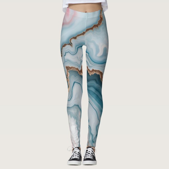 Light Blue Pink Gold Agate Marble Modern design  Leggings (Front)