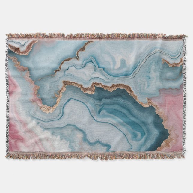 Light Blue Pink Gold Agate Marble Modern design  Throw Blanket (Front)