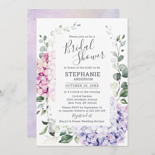 Light Blue Pink Hydrangea Eucalyptus Bridal Shower Invitation (Front/Back)
