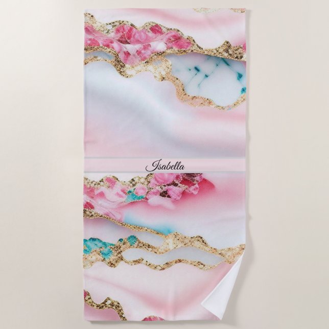 Light Blue Pink Marble Agate Popular Collection Beach Towel (Front)