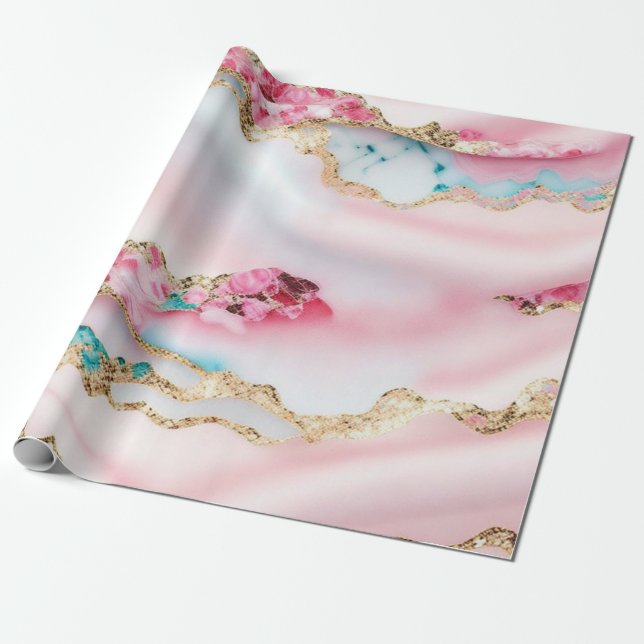 Light Blue Pink Marble Agate Popular Collection Wrapping Paper (Unrolled)