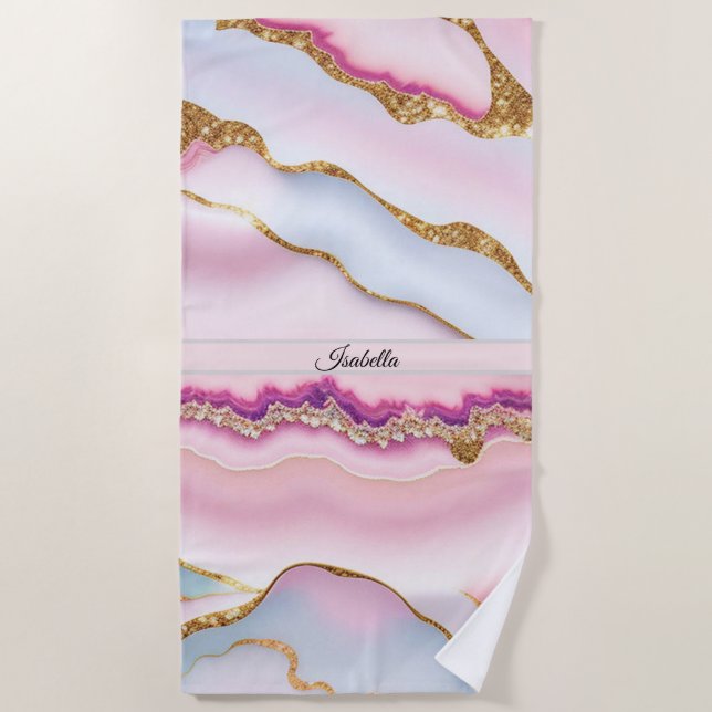 Light Blue Pink Marble Agate Trendy Collection Beach Towel (Front)