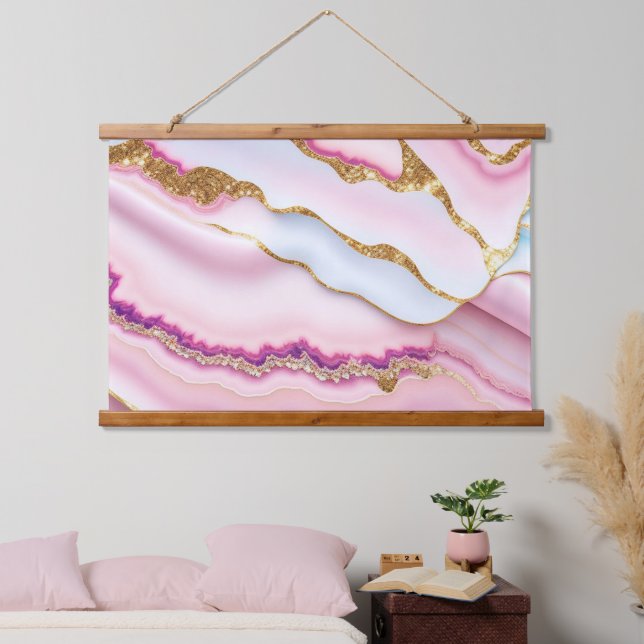 Light Blue Pink Marble Agate Trendy Collection Hanging Tapestry (Bedroom)