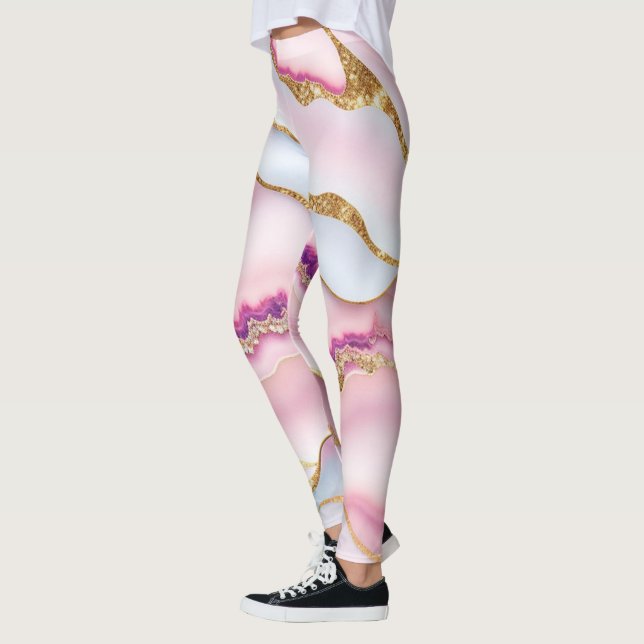 Light Blue Pink Marble Agate Trendy Collection Leggings (Left)