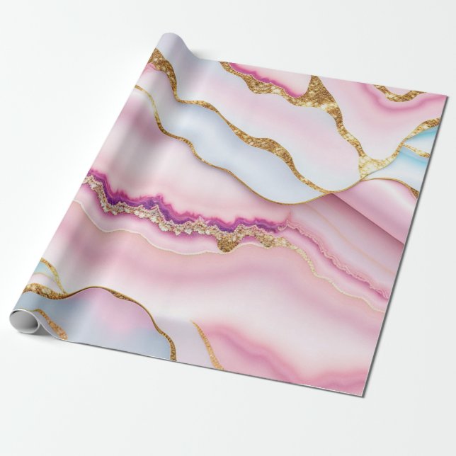 Light Blue Pink Marble Agate Trendy Collection Wrapping Paper (Unrolled)