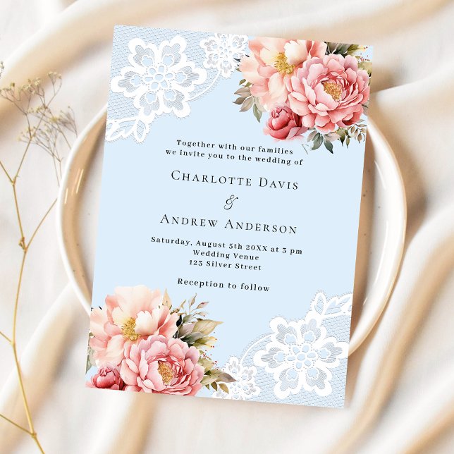 Light blue pink rose gold florals lace wedding invitation (Creator Uploaded)