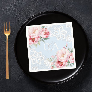 Light blue pink roses florals monogram wedding napkin