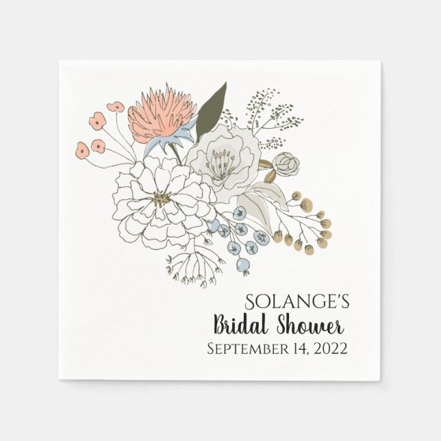 Light blue pink tan summer florals  napkin (Front)