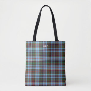 Light Blue Plaid Anderson Tartan Monogram Tote Bag