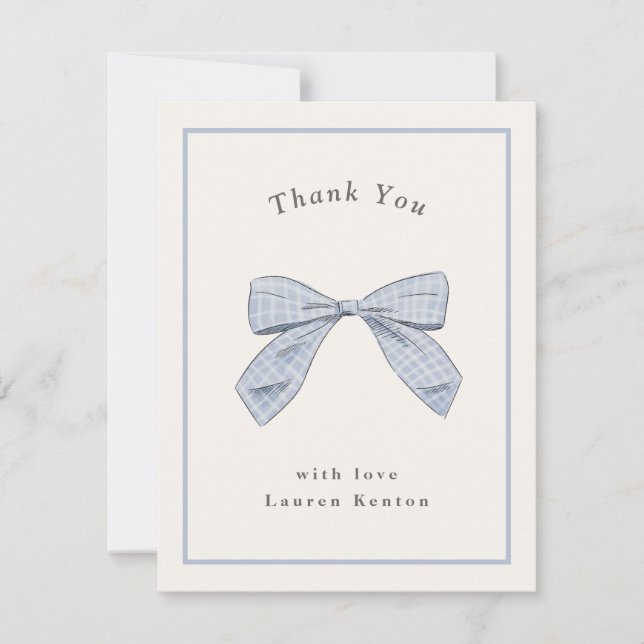 Light Blue Plaid Bow Elegant Baby Shower Thank You Card (Front)