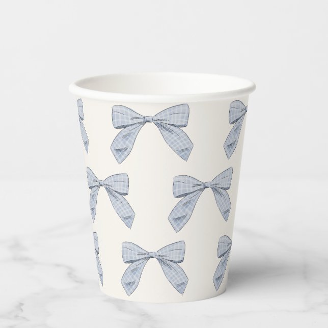 Light Blue Plaid Bow Elegant Boy Baby Shower Paper Cups (Front)