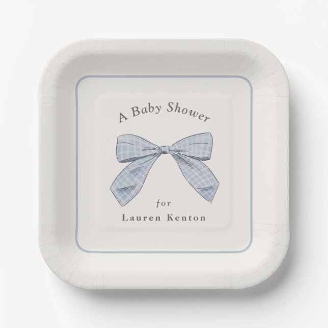 Light Blue Plaid Bow Elegant Boy Baby Shower Paper Plate (Front)