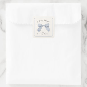Light Blue Plaid Bow Elegant Boy Baby Shower Square Sticker