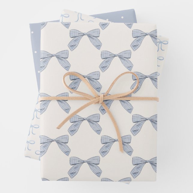 Light Blue Plaid Bow Elegant Boy Baby Shower Wrapping Paper Sheet (In situ)