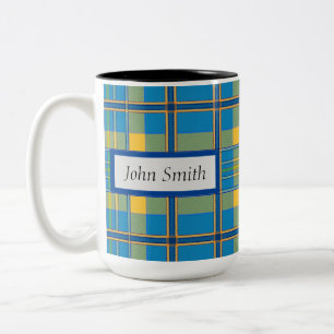 Light Blue Plaid  Mug, 15 oz Two-Tone Coffee Mug