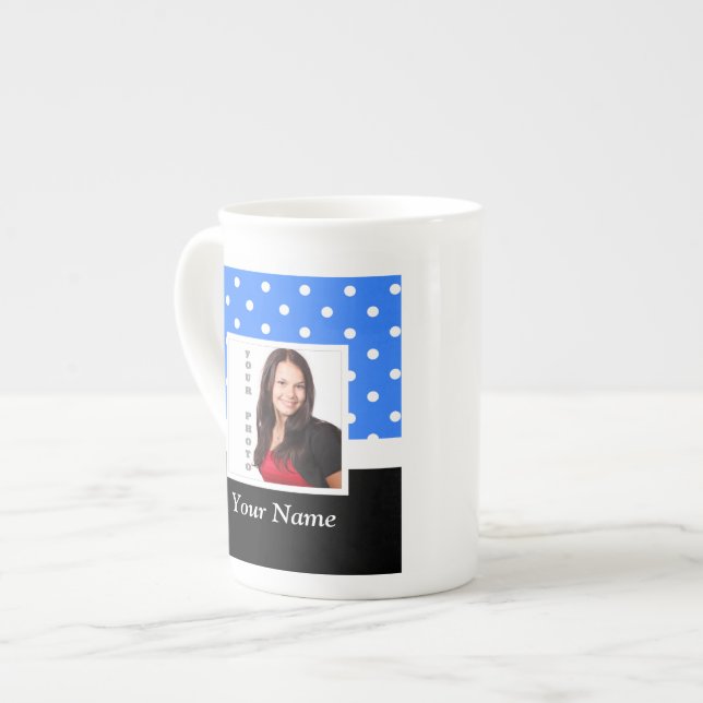 Light blue polka dot photo template bone china mug (Front Left)