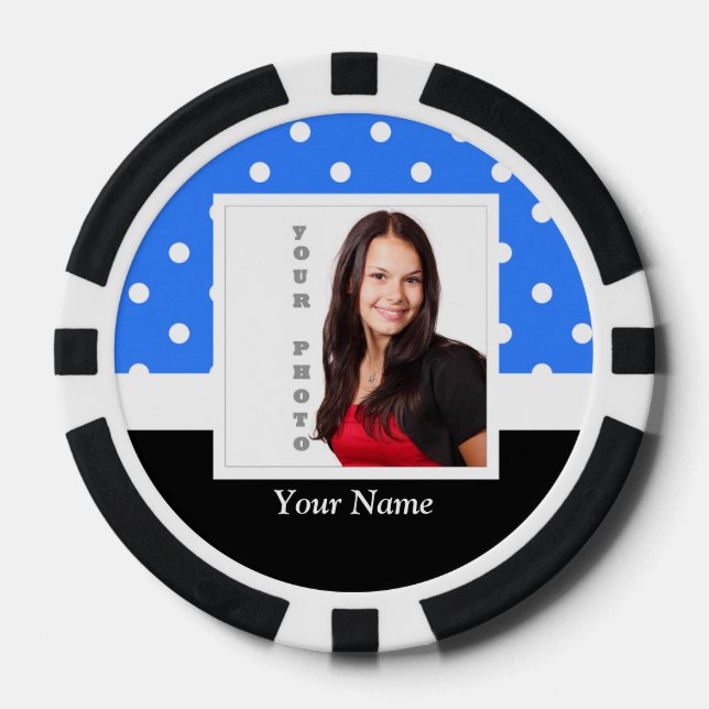 Light blue polka dot photo template poker chips (Front)