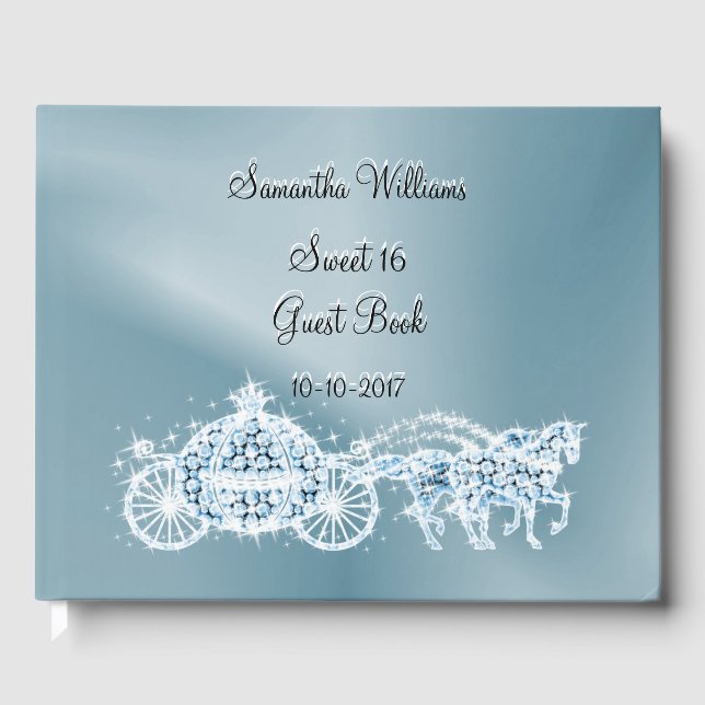 Light Blue Princess Coach & Horses Sweet 16  Guest Guest Book (Front)