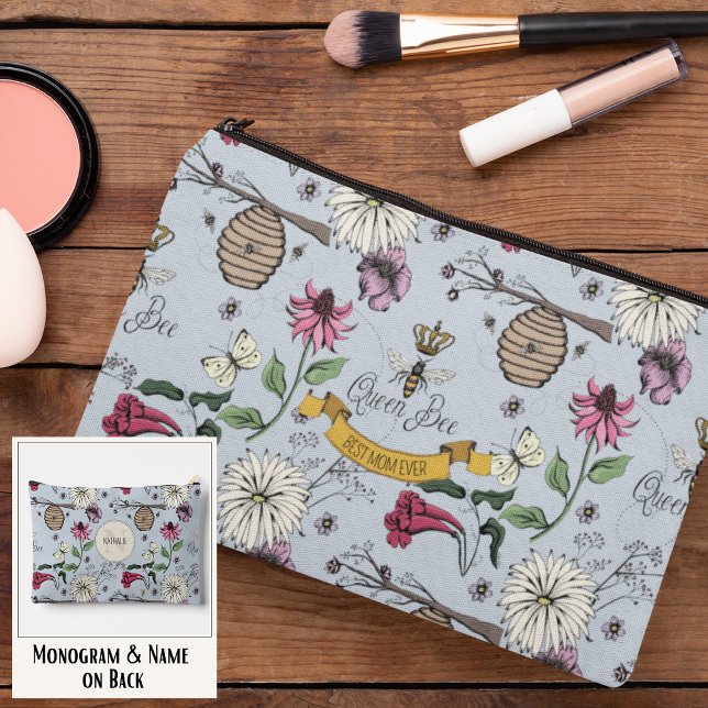 Light Blue Queen Bee & Gold Crown Best Mum Ever Accessory Pouch (Elegant Royal Queen Bee Hand-Drawn Patter with Custom Text on Front & Monogram and Name on the Back)