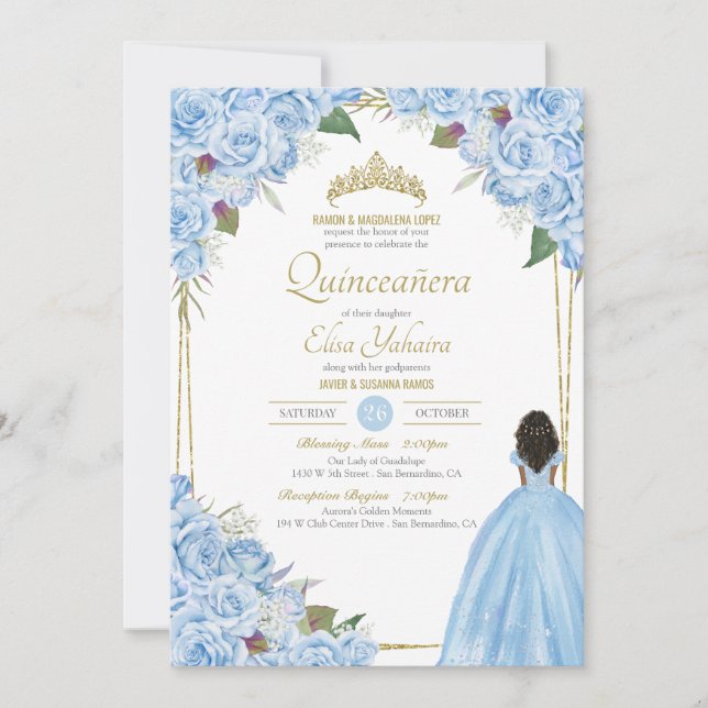 Light Blue Quinceanera Elegant Dress Rose Floral I Invitation (Front)