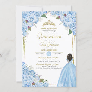 Light Blue Quinceanera Elegant Dress Rose Floral I Invitation
