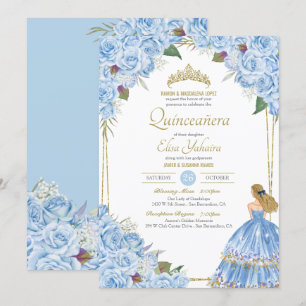 Light Blue Quinceanera Elegant Dress Rose Floral I Invitation