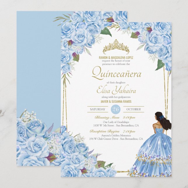 Light Blue Quinceanera Elegant Dress Rose Floral Invitation (Front/Back)