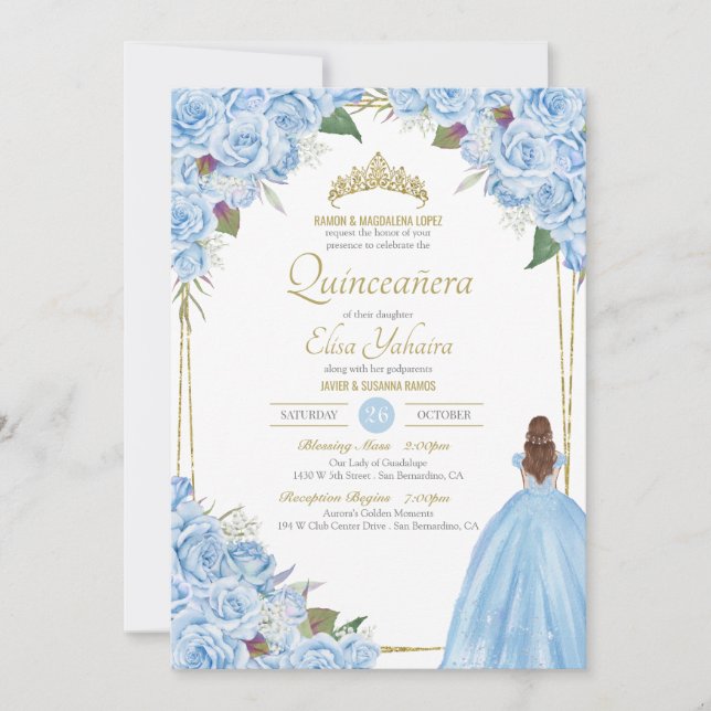Light Blue Quinceanera Elegant Dress Rose Floral Invitation (Front)