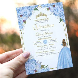 Light Blue Quinceanera Elegant Dress Rose Floral Invitation