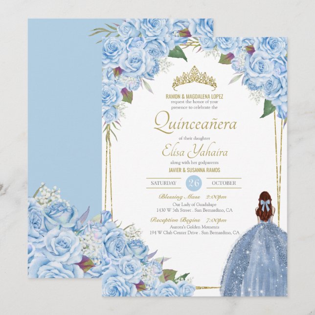 Light Blue Quinceanera Floral Rose Elegant Quince Invitation (Front/Back)
