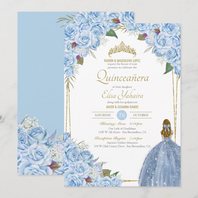 Light Blue Quinceanera Floral Rose Elegant Quince Invitation (Front/Back)