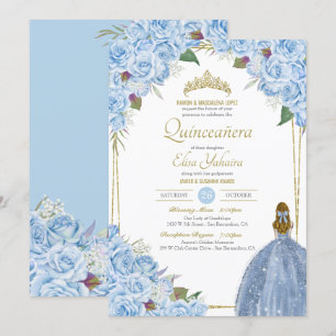 Light Blue Quinceanera Floral Rose Elegant Quince Invitation