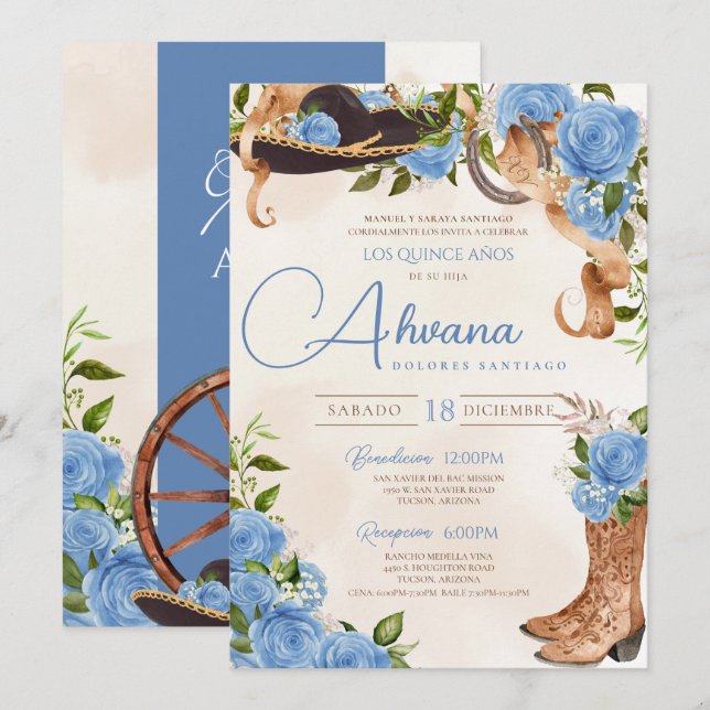 Light Blue Quinceanera Vintage Charro Western Rose Invitation (Front/Back)