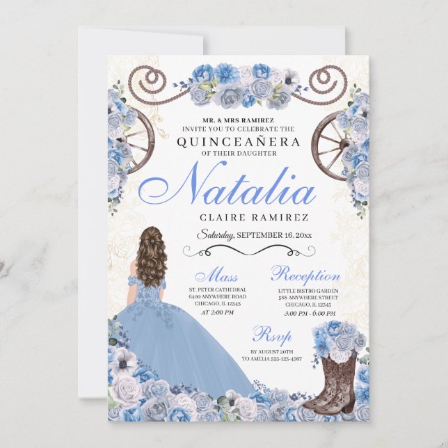 Light Blue Ranchero Princess Dress Quinceanera Invitation (Front)