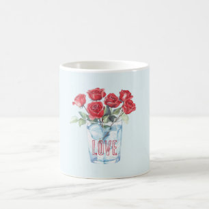 Light Blue Red Roses Glass Ice Coffee Mug