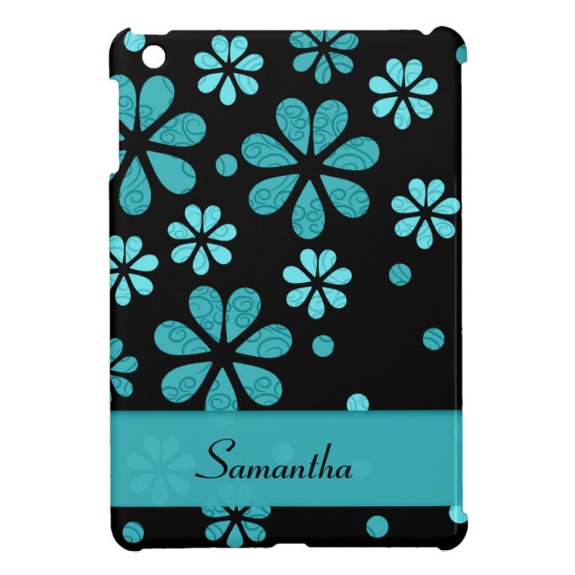 Light Blue Retro Flowers On Black iPad Mini Case (Back)