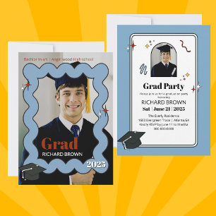 Light blue retro squiggle wavy graduation invite 