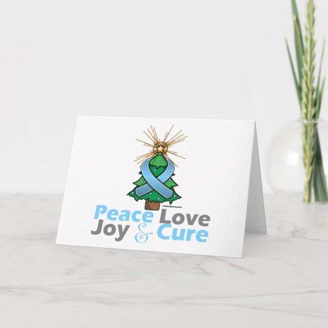 Light Blue Ribbon Christmas Peace Love, Joy & Cure Holiday Card (Front)