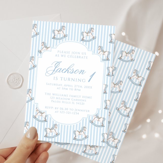 Light blue rocking horse striped boho birthday boy invitation (Creator Uploaded)