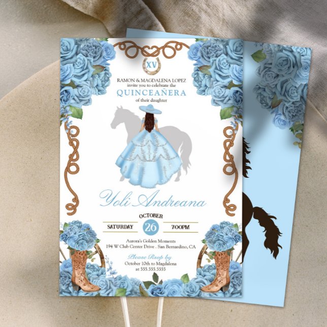 Light Blue Rose Boots Charro Vestidos Quinceanera Invitation (Creator Uploaded)