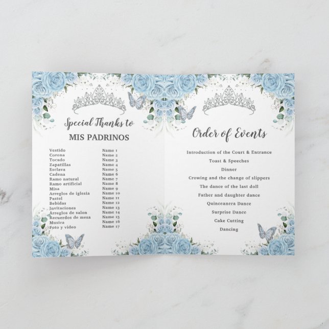 Light Blue Rose Floral Quinceañera Order of Events Programme (Inside)