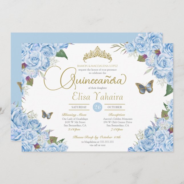 Light Blue Rose Floral Tiara Butterfly Quinceanera Invitation (Front/Back)