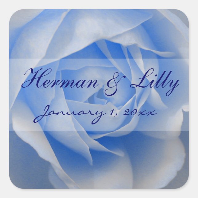 Light Blue Rose Personalised Wedding Square Sticker (Front)