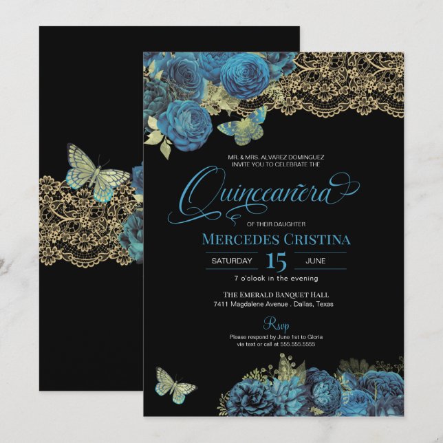 Light Blue Roses and Lace Butterfly Quinceañera Invitation (Front/Back)