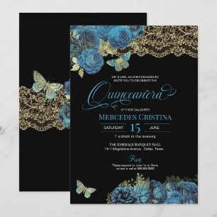 Light Blue Roses and Lace Butterfly Quinceañera Invitation