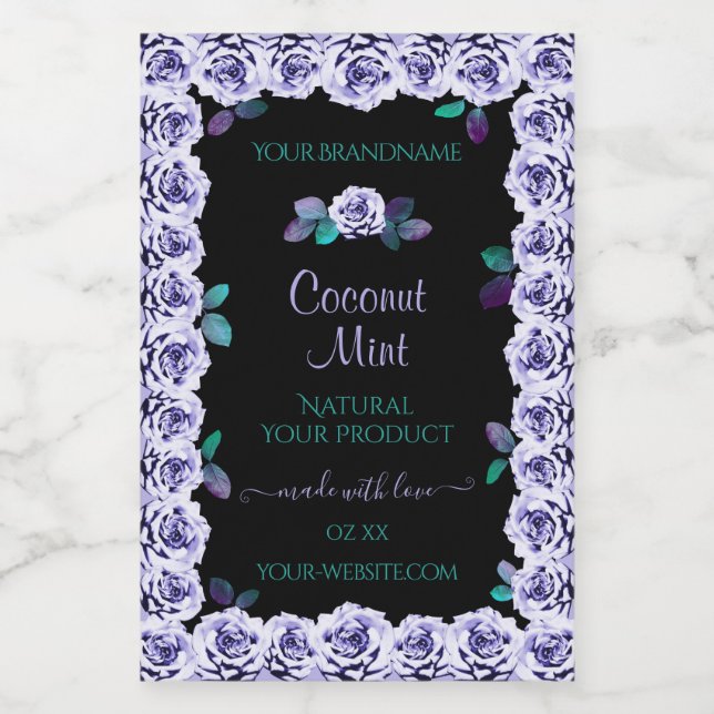 Light Blue Roses on Black Product Packaging Labels (Single Label)